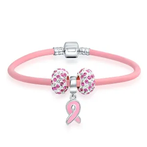 Empowerment Pink Ribbon Charm Bracelet - Genuine Leather Silver Clasp 6-8 Inch