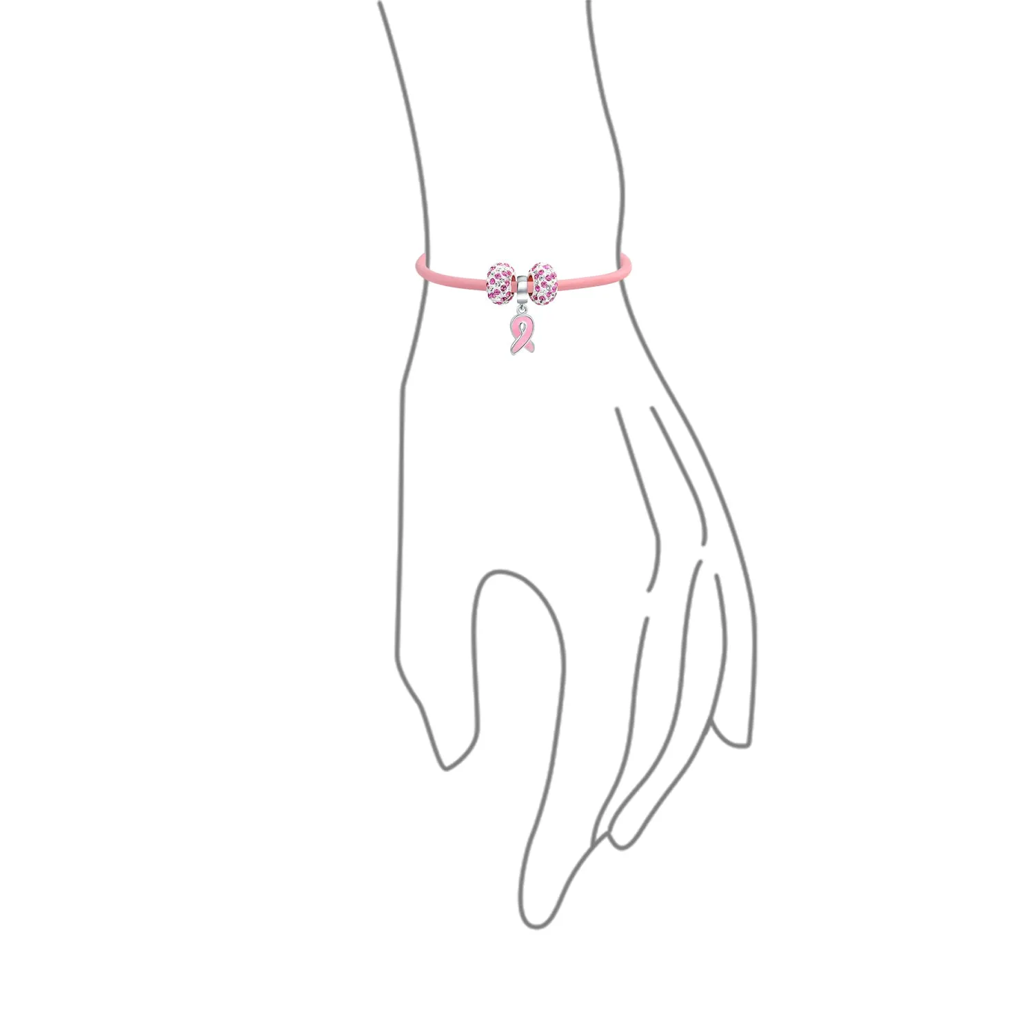 Empowerment Pink Ribbon Charm Bracelet - Genuine Leather Silver Clasp 6-8 Inch
