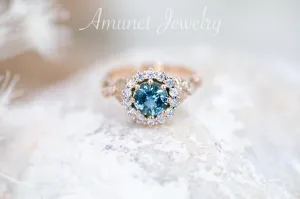 Engagement ring with madagascar teal sapphire, sapphire ring,  sapphire engagement ring, diamond ring