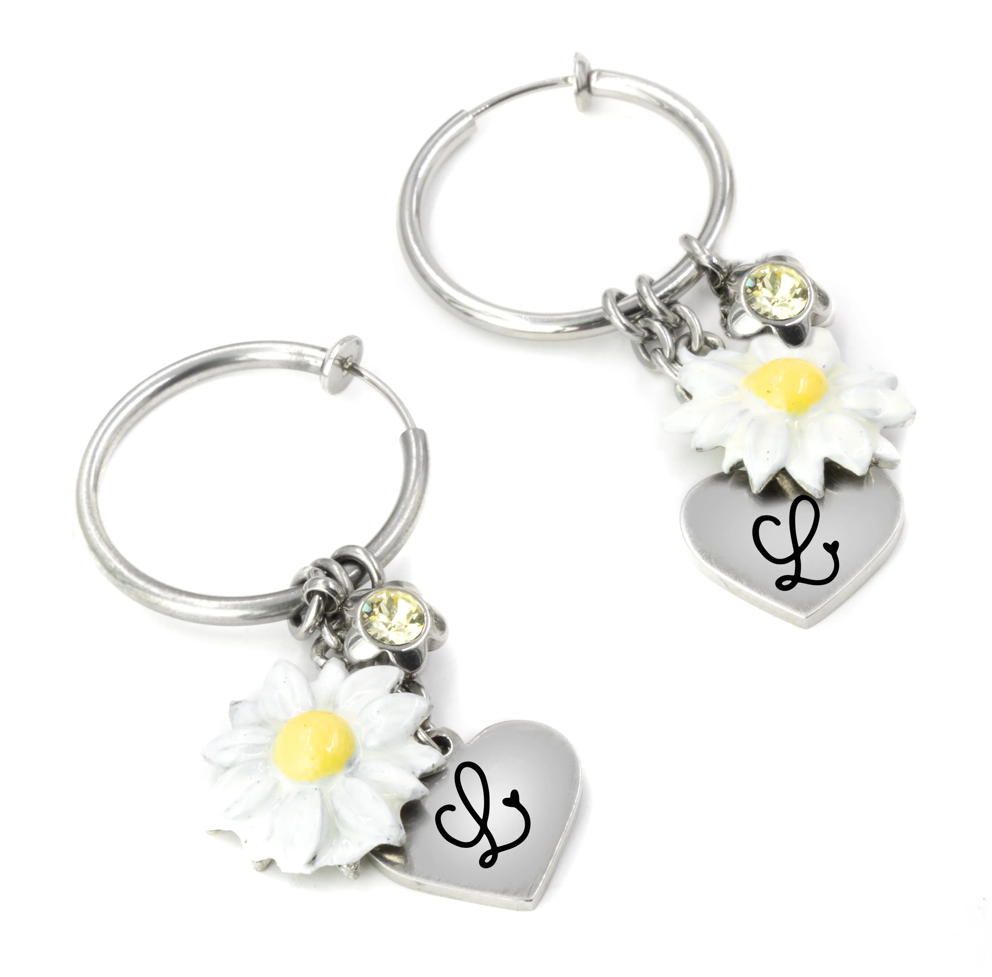 Engraved Silver Hoop Earrings with Daisies