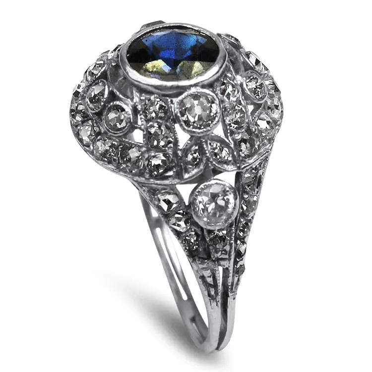 Estate Edwardian Platinum 1.10cts Sapphire and Diamond Cluster Ring