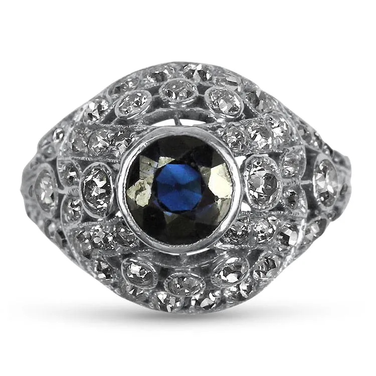 Estate Edwardian Platinum 1.10cts Sapphire and Diamond Cluster Ring