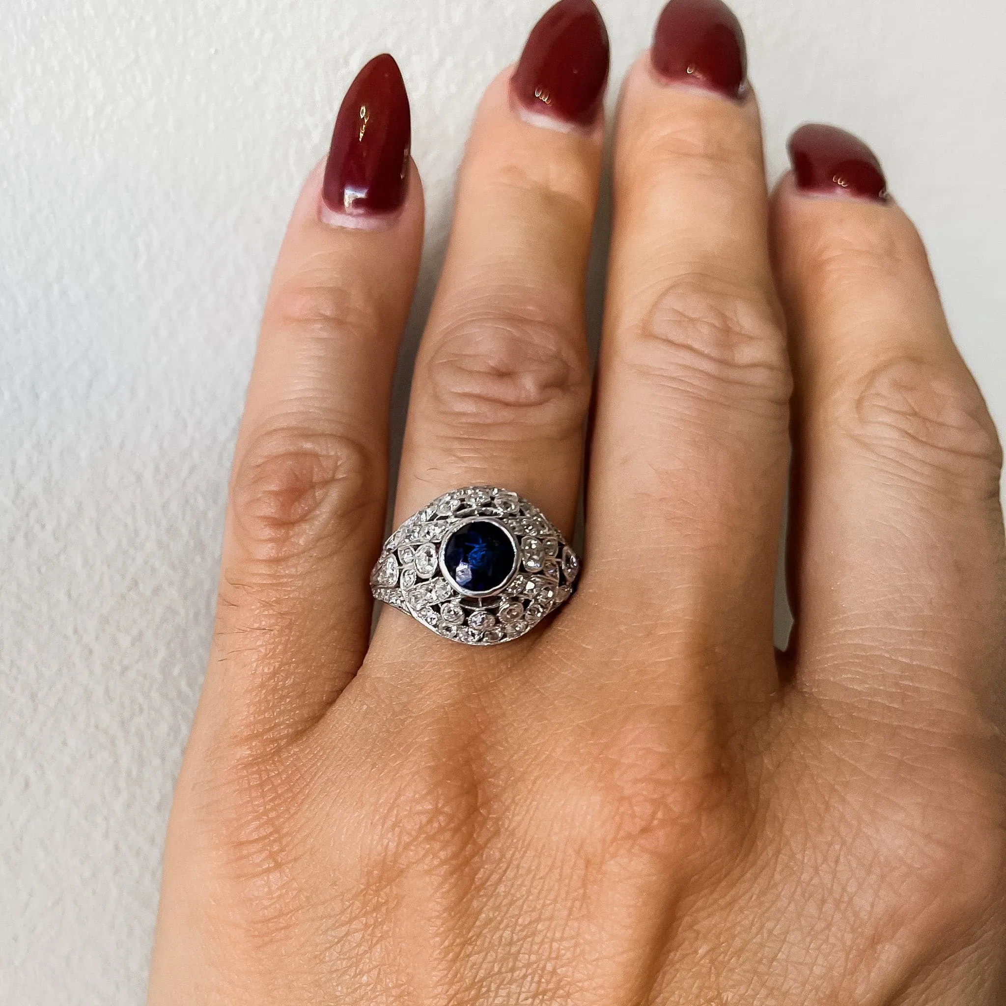 Estate Edwardian Platinum 1.10cts Sapphire and Diamond Cluster Ring