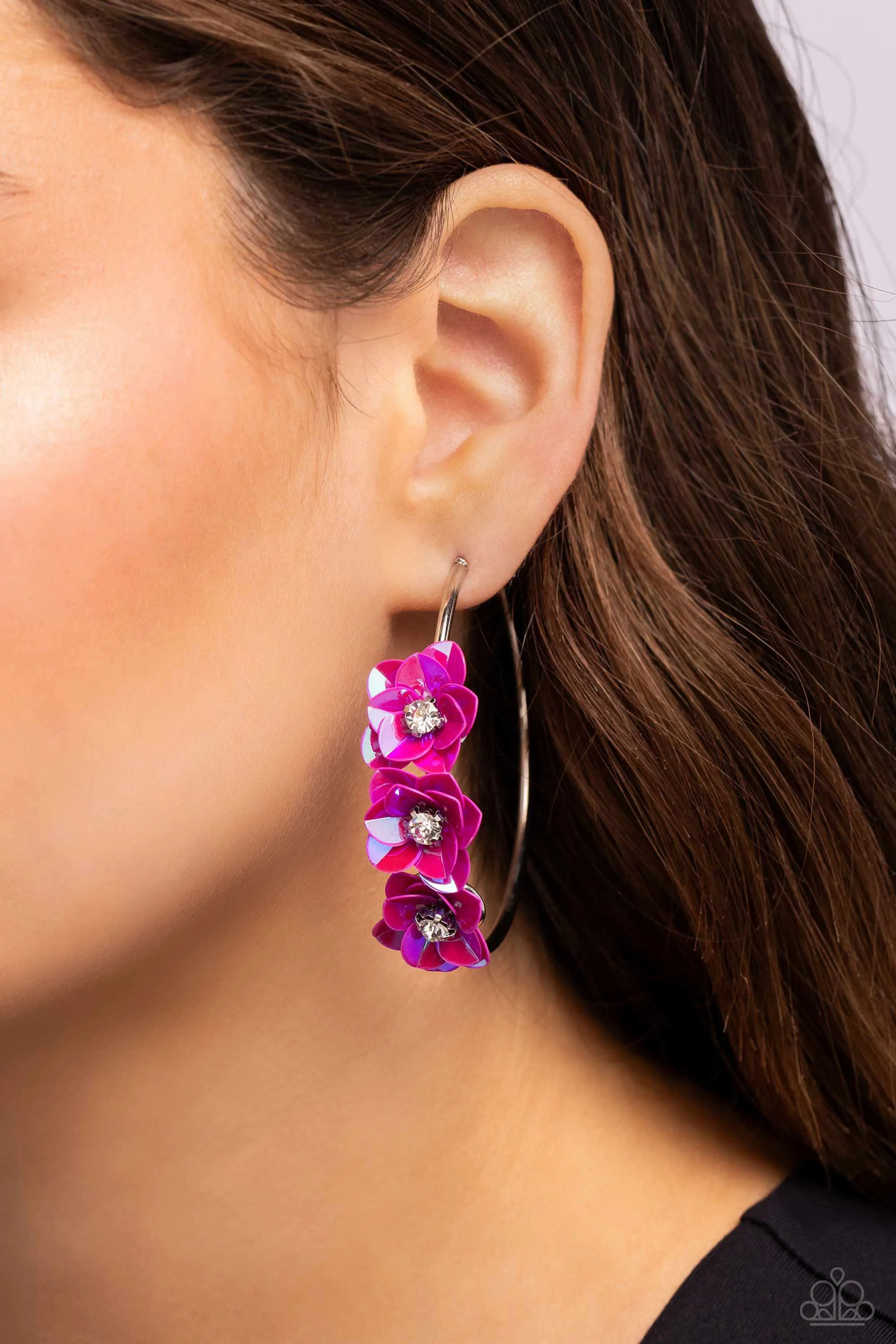 Ethereal Embellishment - Pink - Iridescent Sequin Flower Paparazzi Hoop Earrings