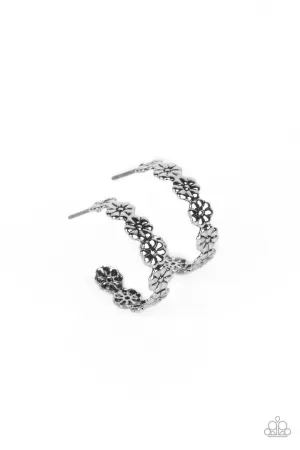 Floral Fad - Silver - Tiny Flower Paparazzi Hoop Earrings