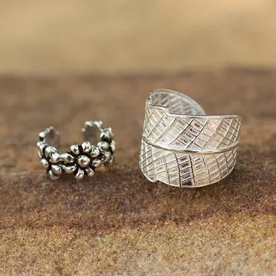 'Foliage and Flowers' Sterling Silver Ear Cuffs (Pair)