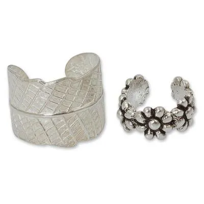 'Foliage and Flowers' Sterling Silver Ear Cuffs (Pair)