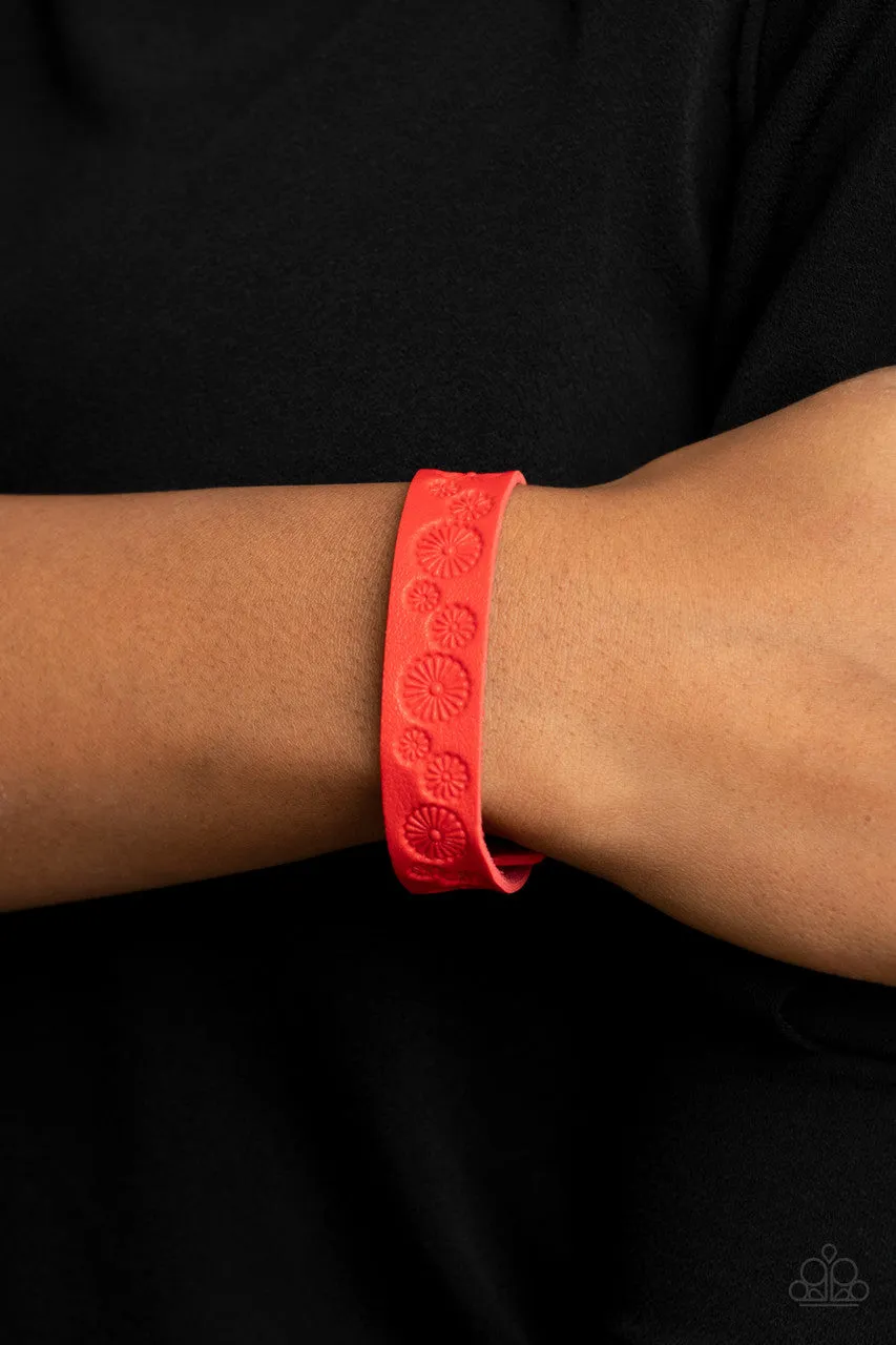 Follow the Wildflowers - Red - Stamped Leather Flower Paparazzi Snap Wrap Bracelet