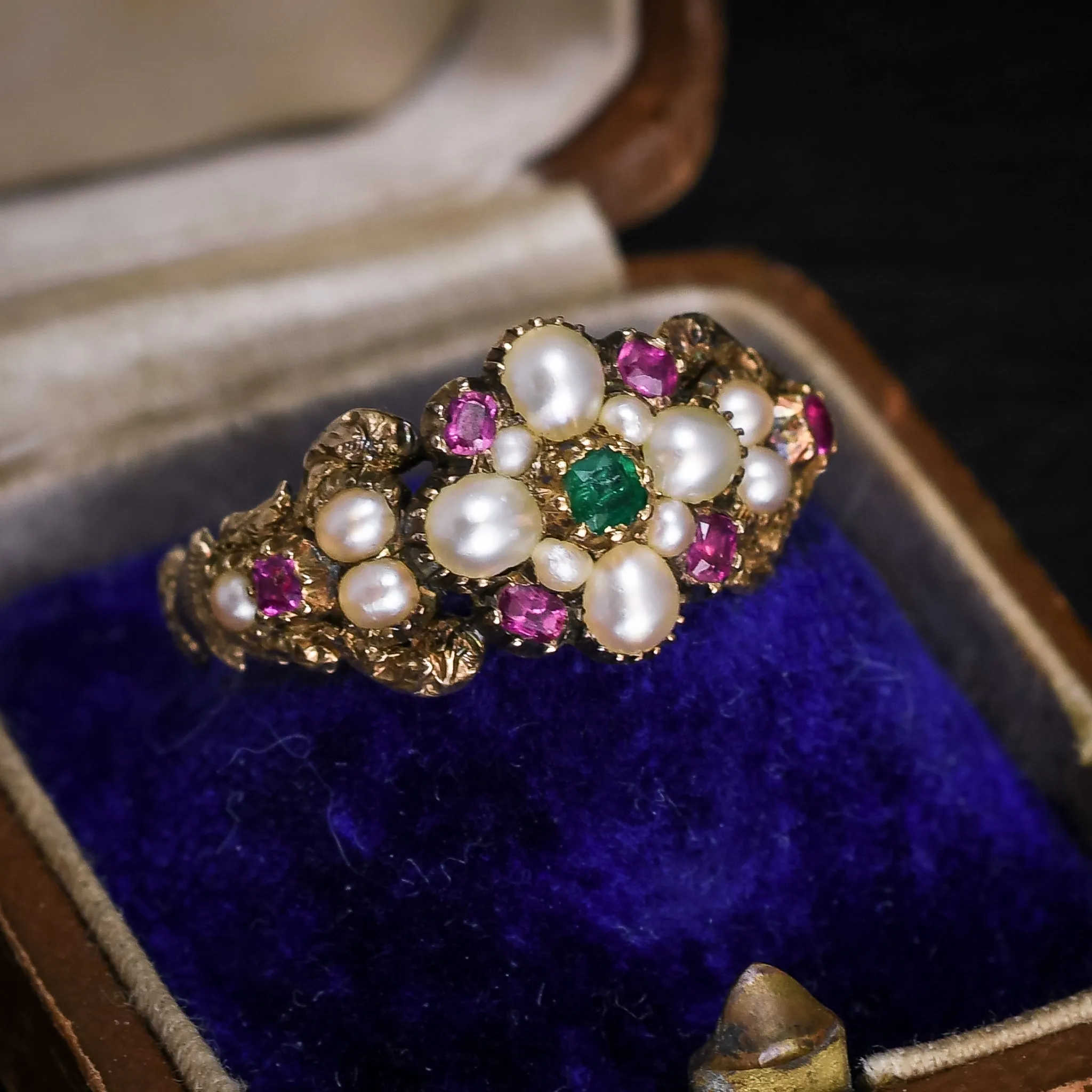 Georgian Pearl, Ruby, Emerald Flower Ring
