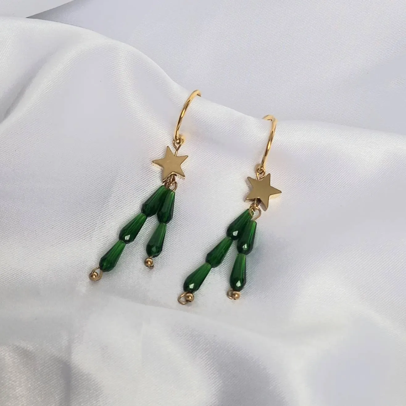 Gold & Green Star Hoop Earrings - Lightweight Hoop Earrings,Green Star Earrings,Hoop Earrings,Gold Earrings In The UK,Gold Star Jewellery