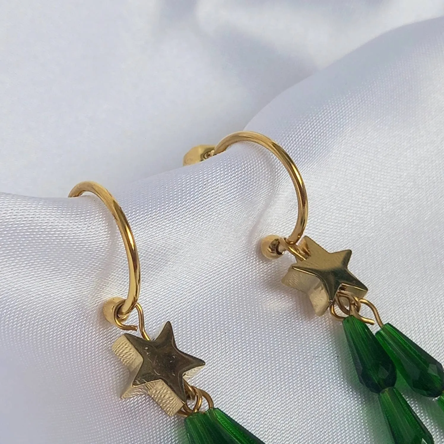 Gold & Green Star Hoop Earrings - Lightweight Hoop Earrings,Green Star Earrings,Hoop Earrings,Gold Earrings In The UK,Gold Star Jewellery