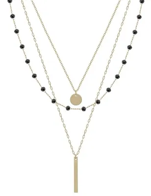 Gold Bar Triple Layer with Black Crystal Accents Necklace