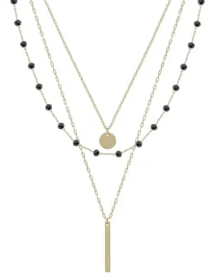 Gold Bar Triple Layer with Black Crystal Accents Necklace