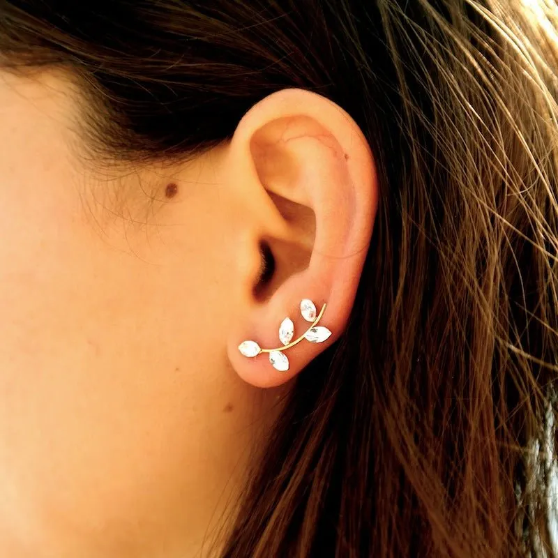 Gold Brass Tear Drop Ear Cuffs and Climber Earrings with CZ Crystals - Handmade, 18K Plated, 0.78" Length - Sold in Pairs