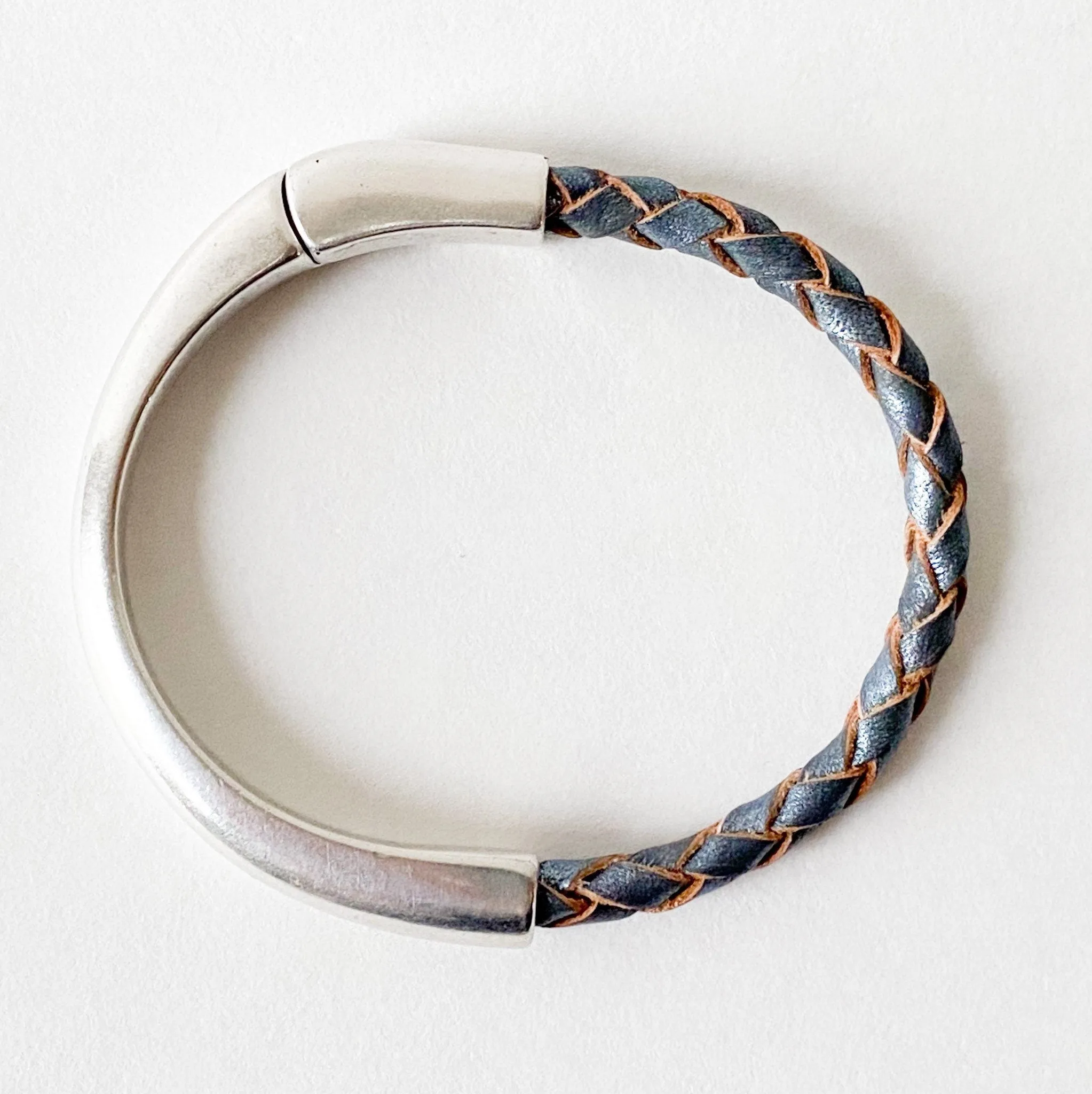 Gray Metallic Braided Leather Bracelet with Silver Half Cuff Magnetic Clasp