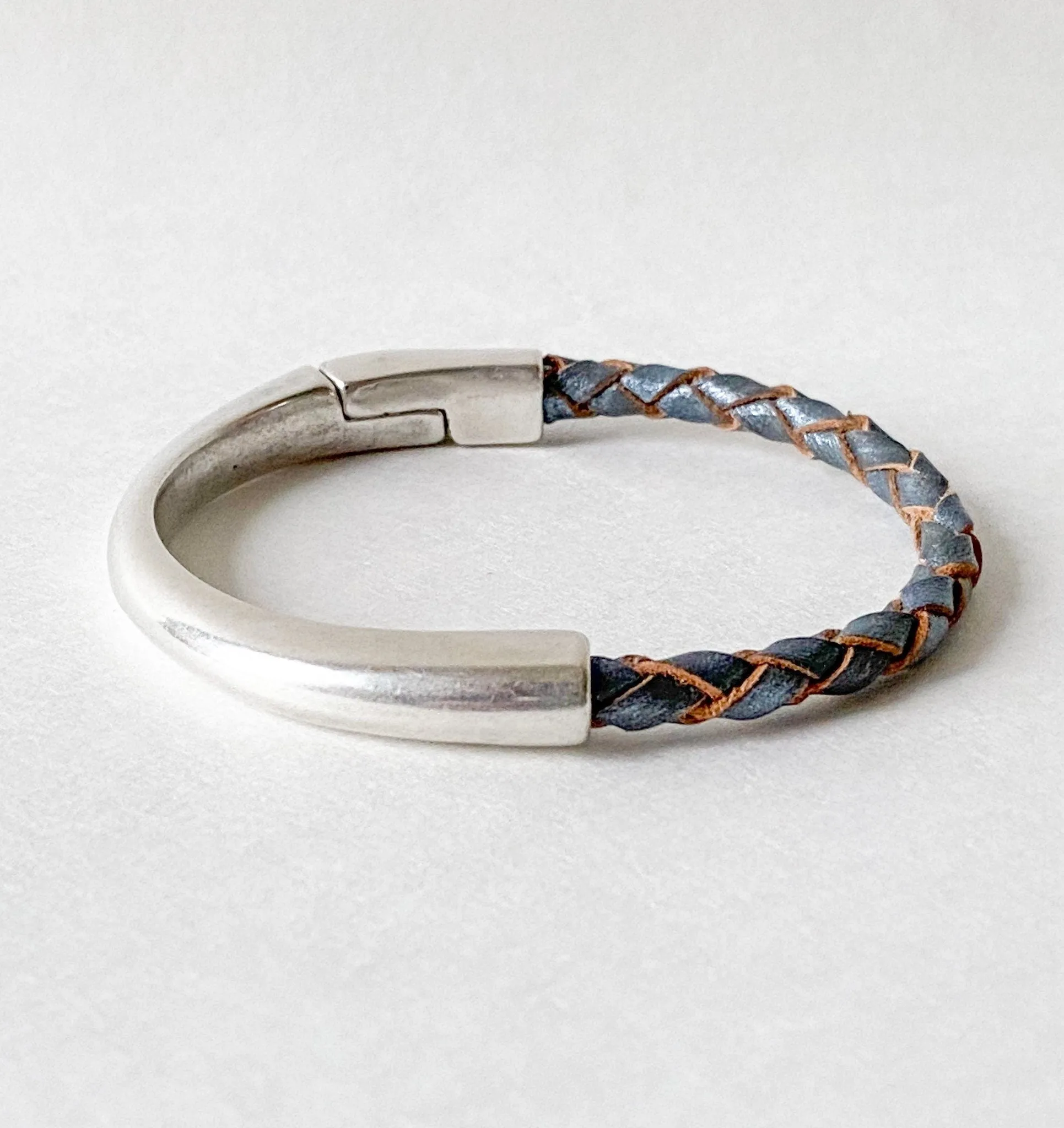 Gray Metallic Braided Leather Bracelet with Silver Half Cuff Magnetic Clasp