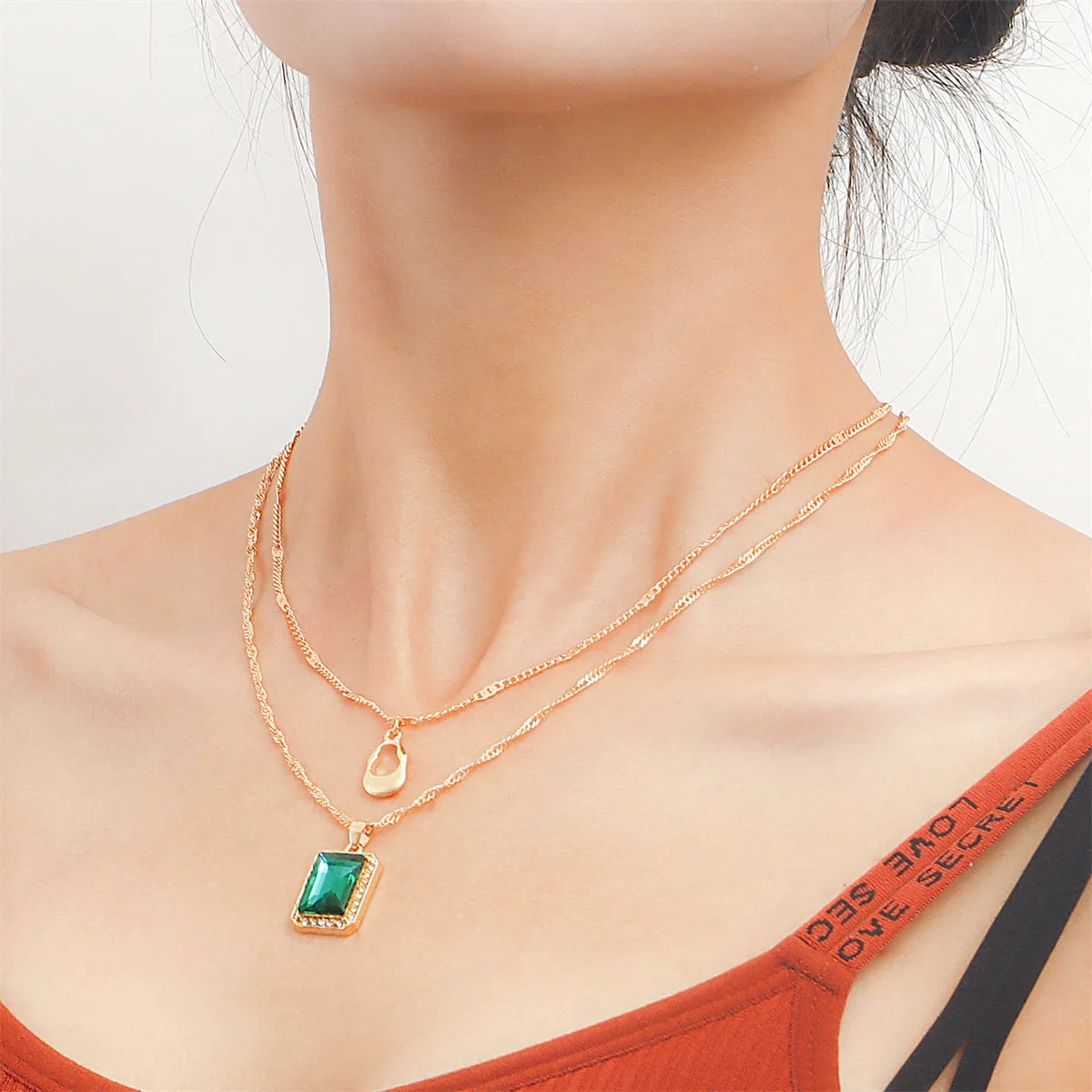 Green Crystal & Cubic Zirconia 18K Gold-Plated Pendant Layered Necklace