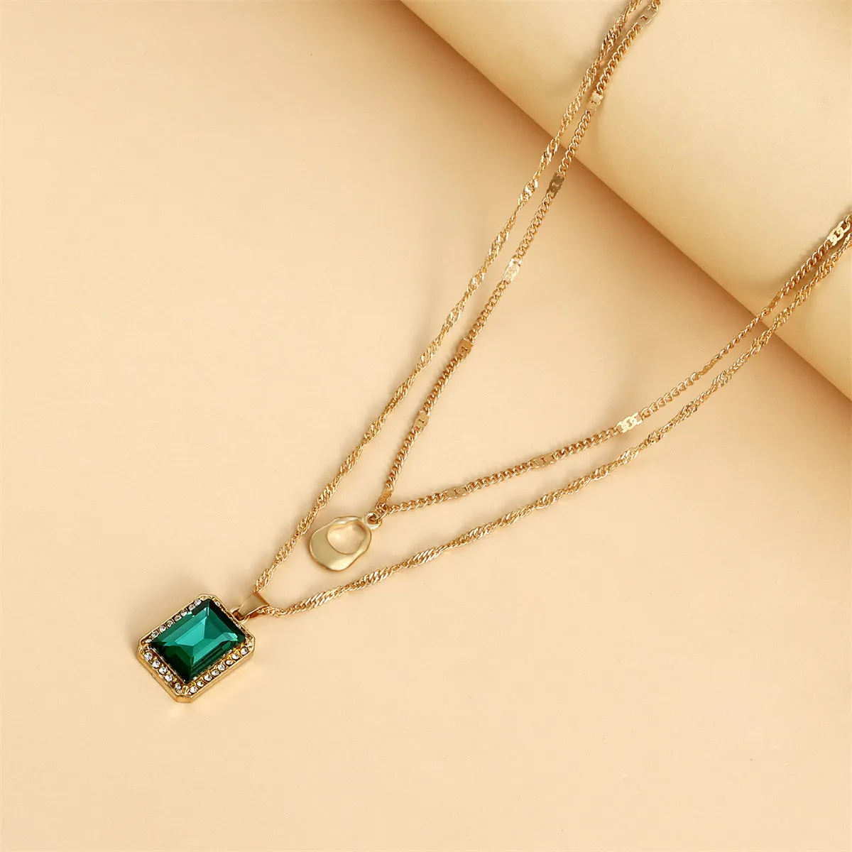 Green Crystal & Cubic Zirconia 18K Gold-Plated Pendant Layered Necklace