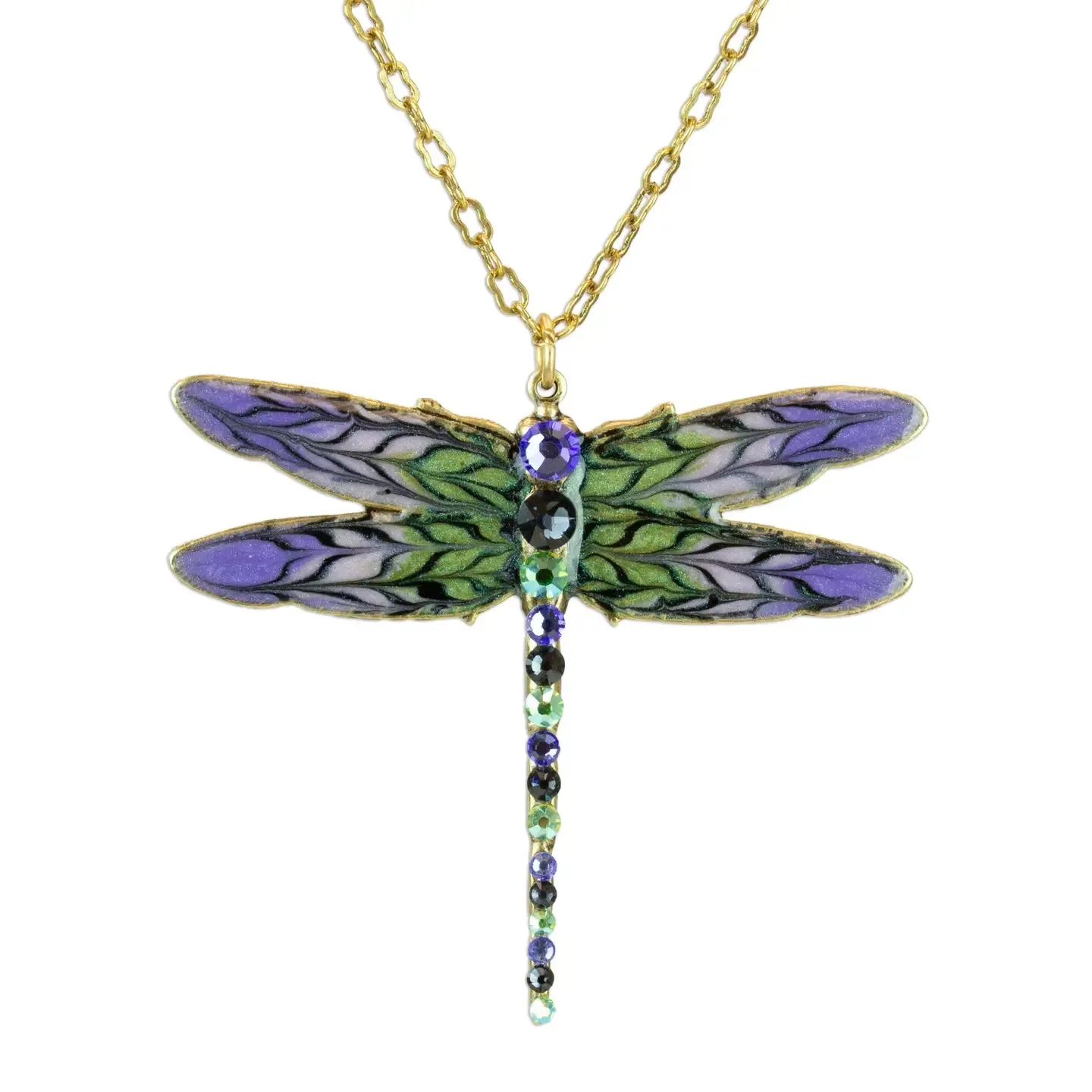Green Pink & Purple Hand Painted Crystal Dragonfly Necklace