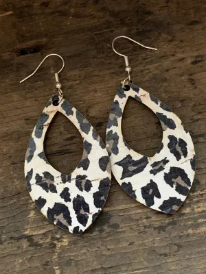 Grey Leopard Cork and Leather Teardrop Earrings