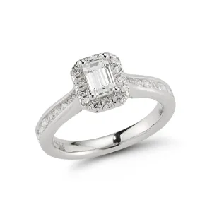 Halo Channel Shank Diamond Engagement Ring made in 14k White gold-Emerald