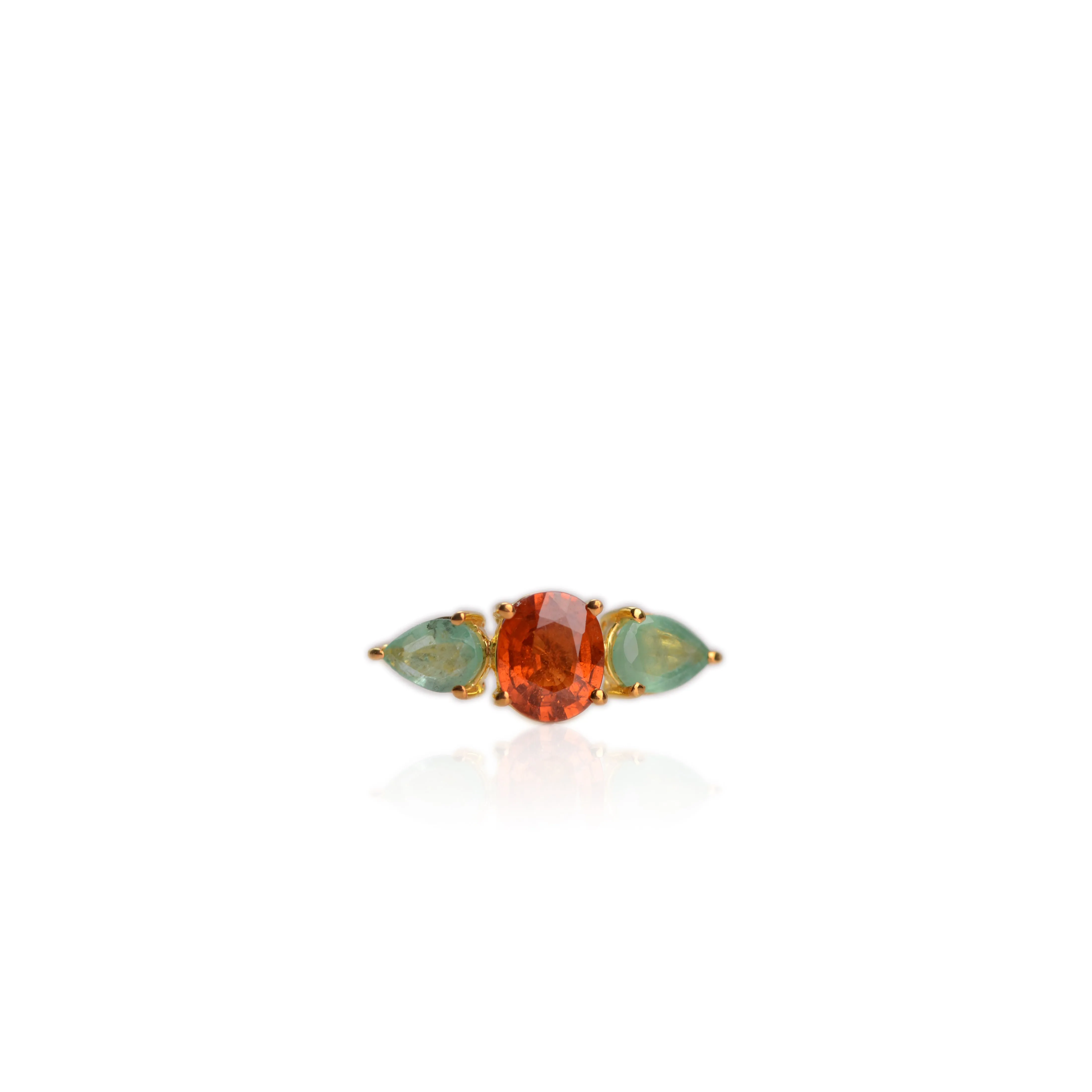 Handmade 7 x 8 mm. Oval Cut Orange African Spessartine Garnet and Emerald Trilogy Ring