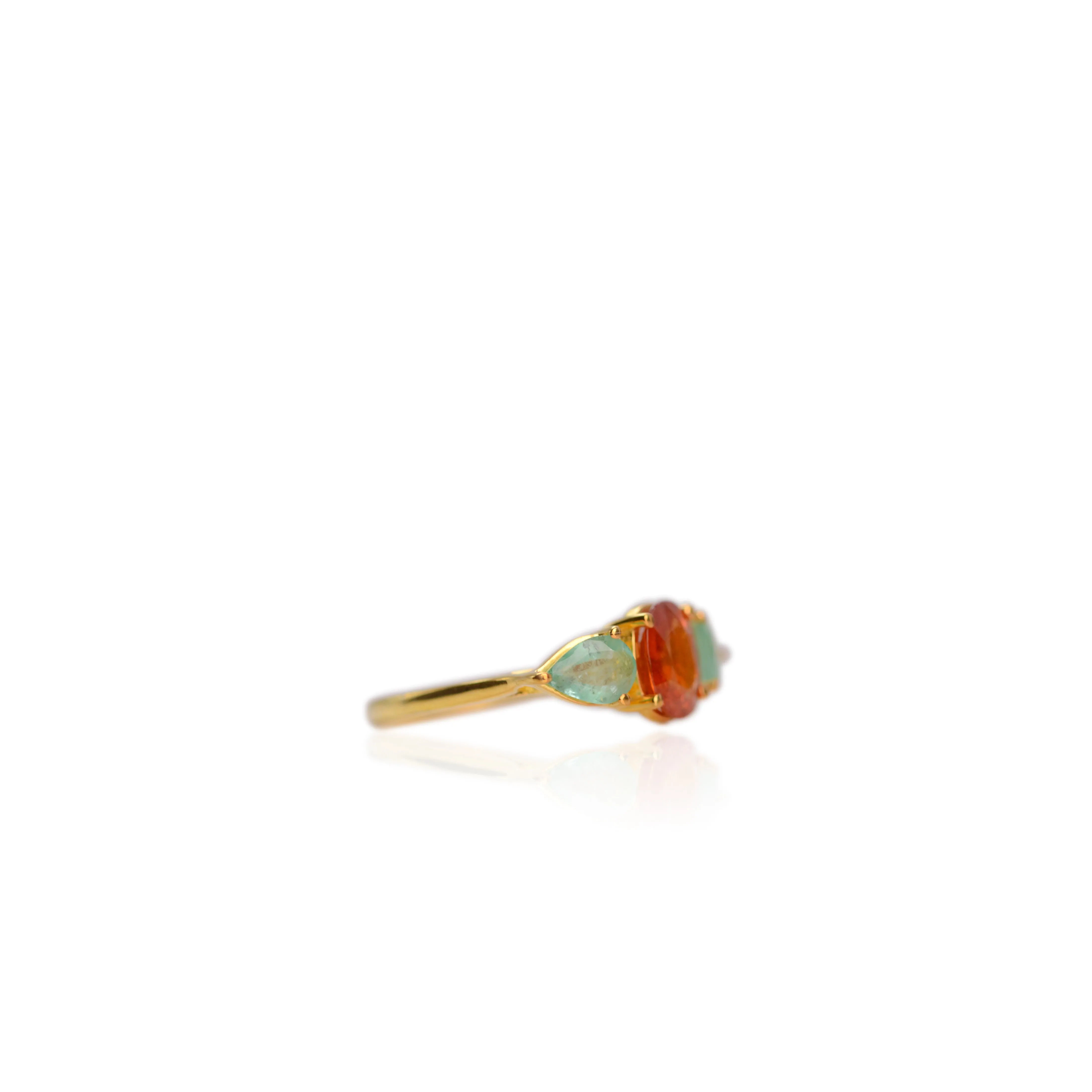 Handmade 7 x 8 mm. Oval Cut Orange African Spessartine Garnet and Emerald Trilogy Ring