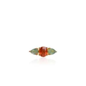 Handmade 7 x 8 mm. Oval Cut Orange African Spessartine Garnet and Emerald Trilogy Ring