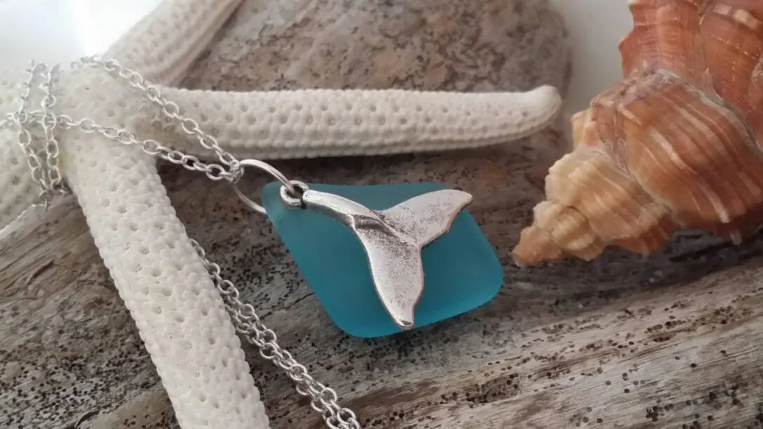 Handmade in Hawaii, Blue sea glass necklace,Whole tail  charm. gift box, Mother's Day Gifts.sea glass jewelry
