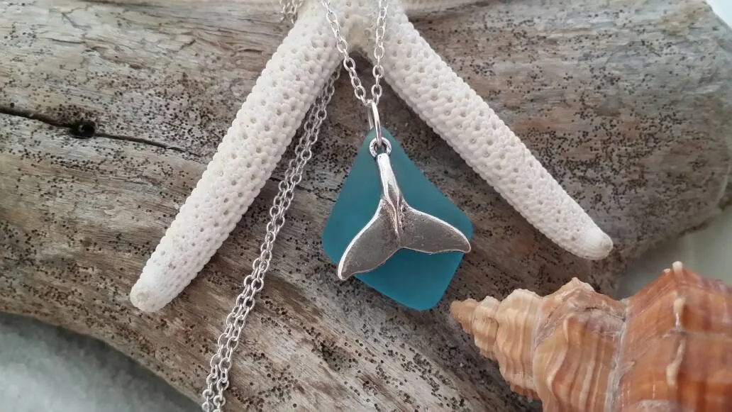 Handmade in Hawaii, Blue sea glass necklace,Whole tail  charm. gift box, Mother's Day Gifts.sea glass jewelry