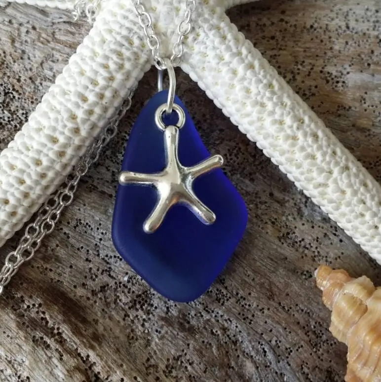 Handmade in Hawaii, Cobalt blue sea glass necklace, Starfish  charm,    "September Birthstone", Birthday gift