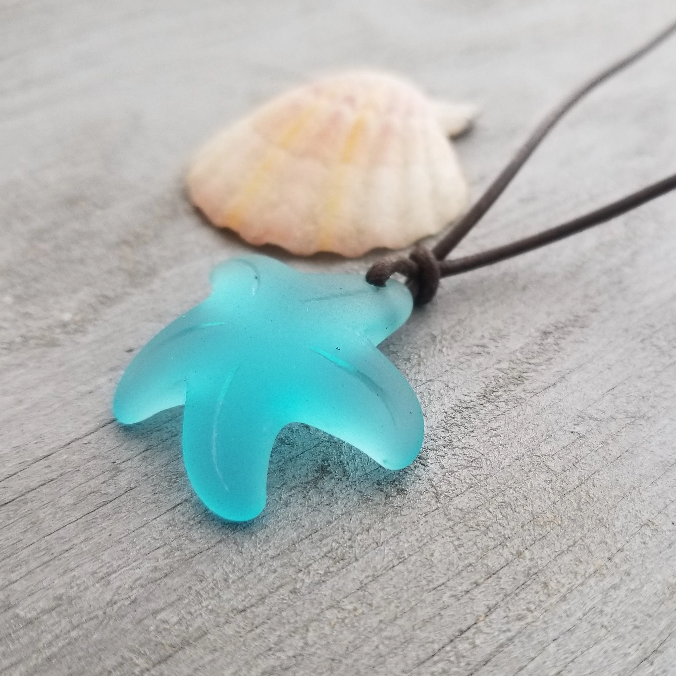Handmade in Hawaii, leather cord unisex blue Starfish sea glass necklace, unisex jewelry, man jewelry, birthday gift