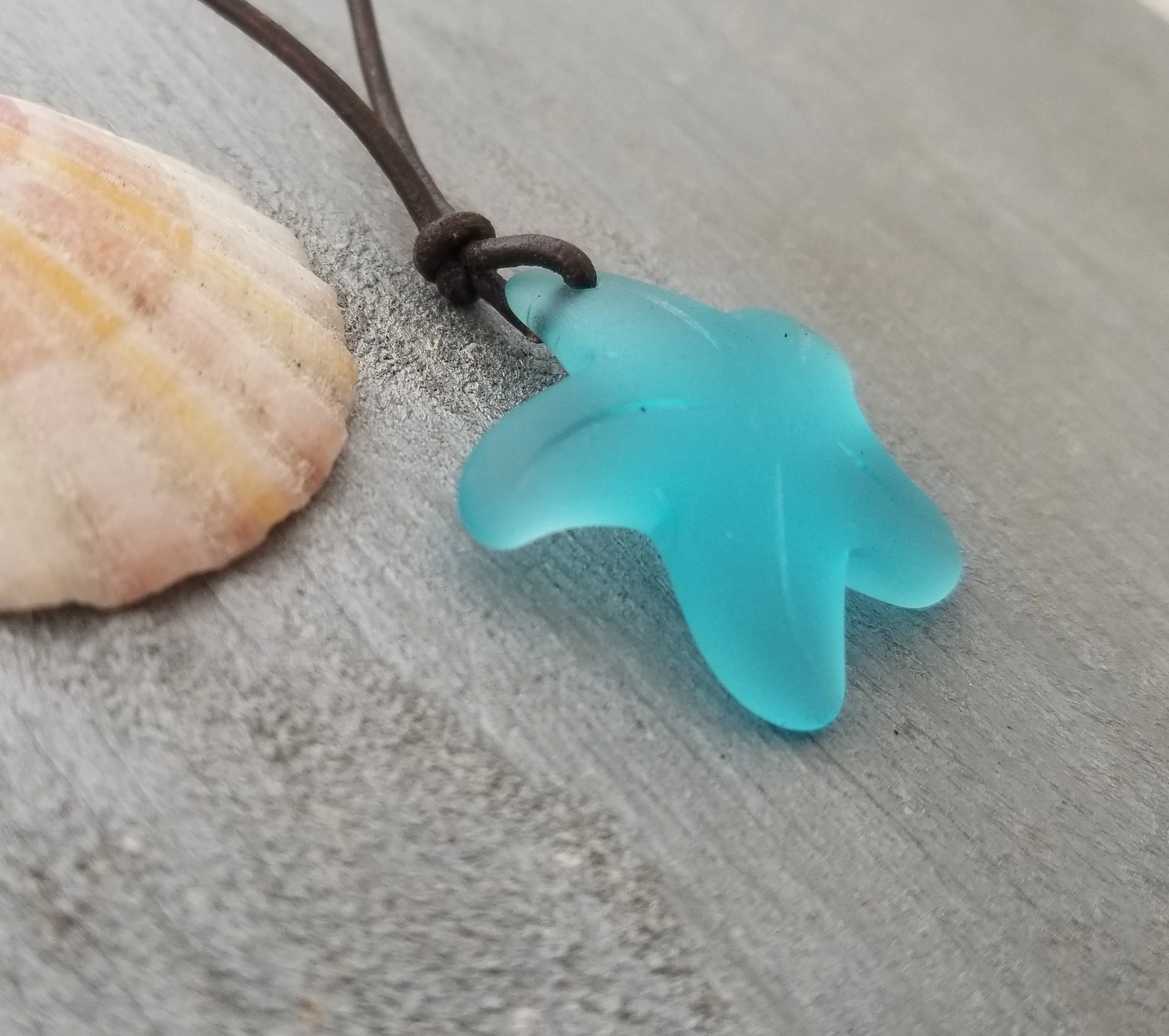 Handmade in Hawaii, leather cord unisex blue Starfish sea glass necklace, unisex jewelry, man jewelry, birthday gift