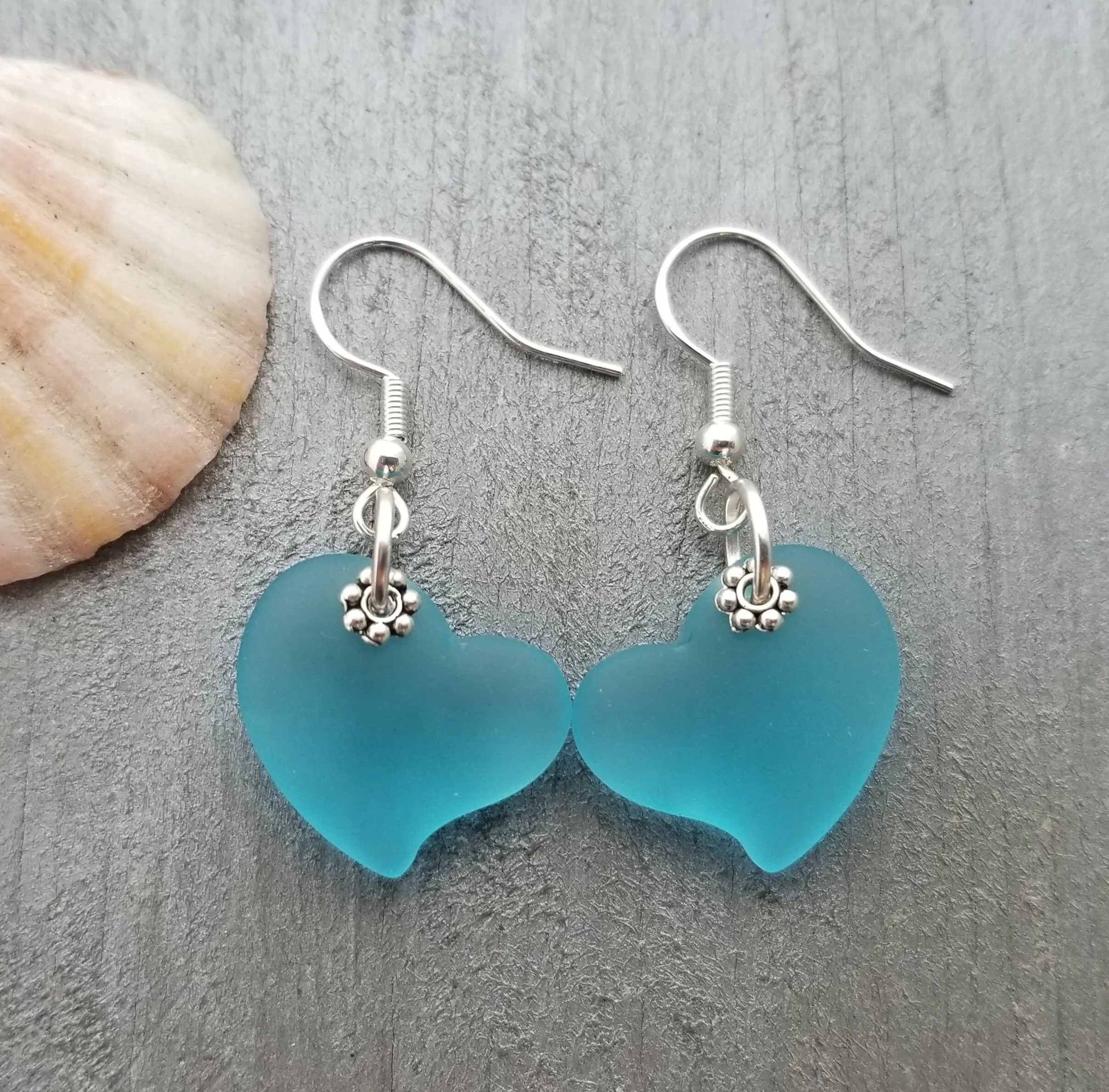 Handmade in Hawaii,  Turquoise Bay Blue "Twin Hearts"  "Heart of the Sea" sea glass earrings, "December Birthstone",