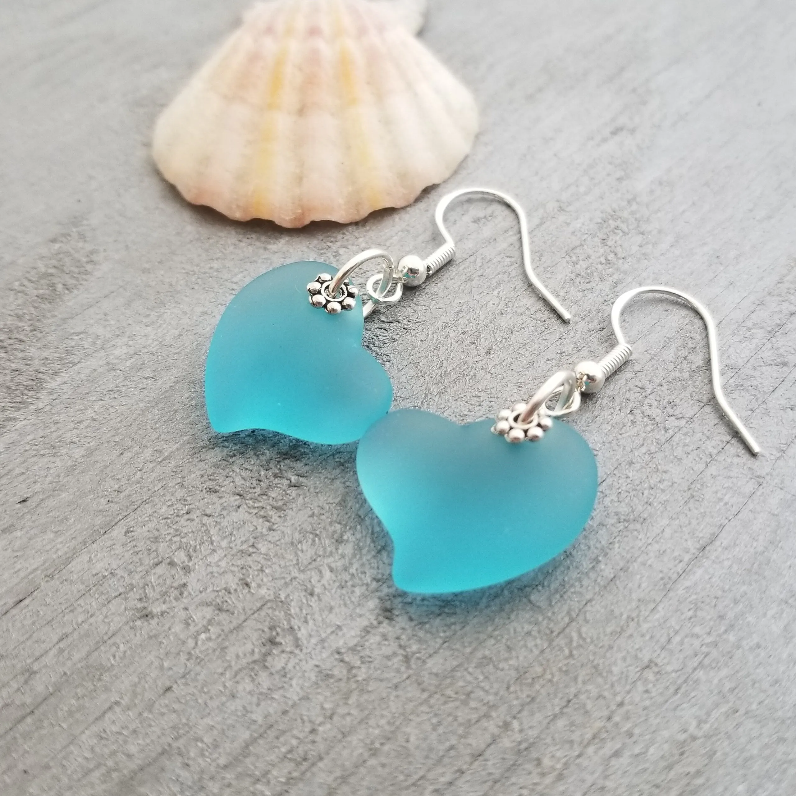 Handmade in Hawaii,  Turquoise Bay Blue "Twin Hearts"  "Heart of the Sea" sea glass earrings, "December Birthstone",