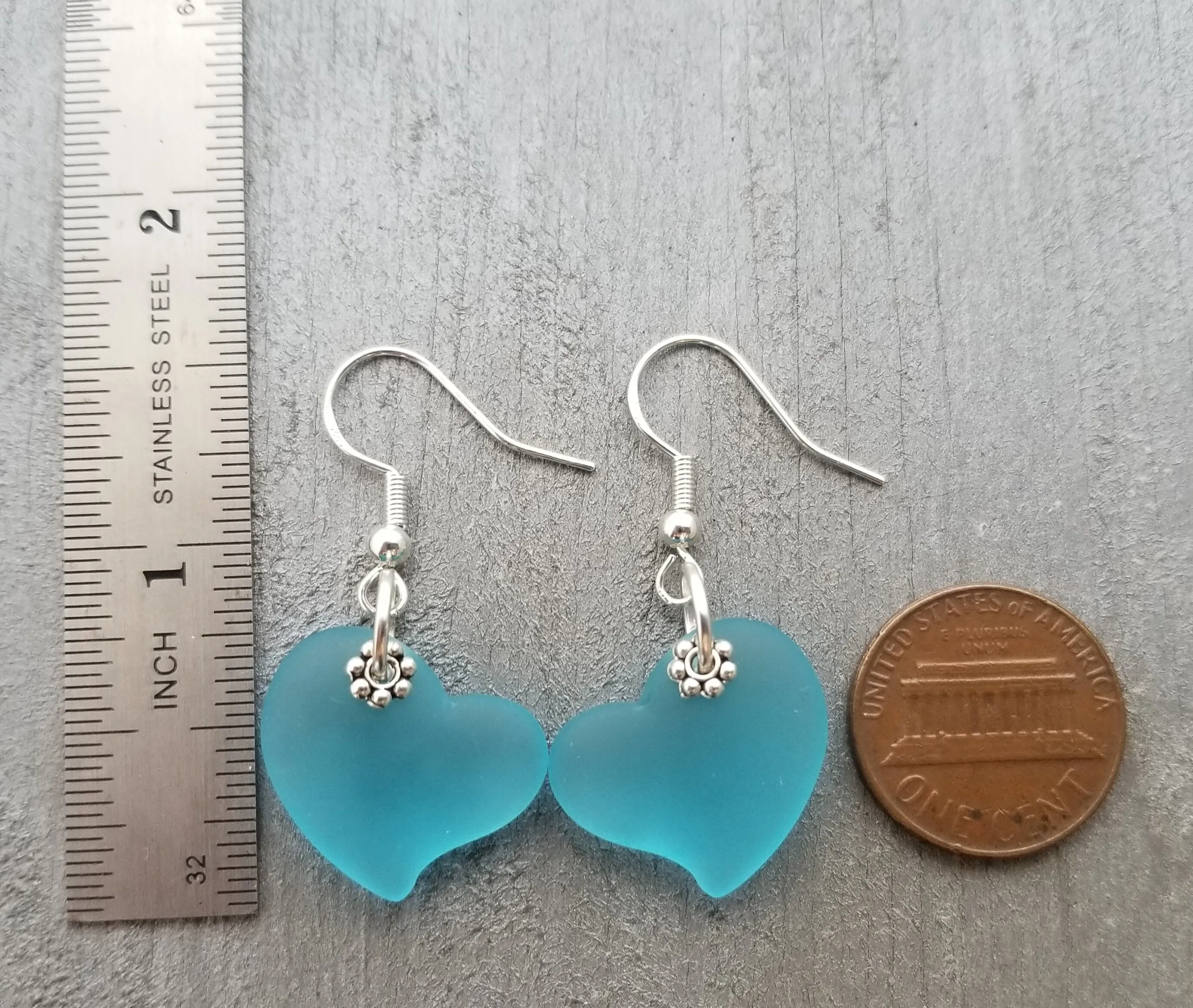 Handmade in Hawaii,  Turquoise Bay Blue "Twin Hearts"  "Heart of the Sea" sea glass earrings, "December Birthstone",