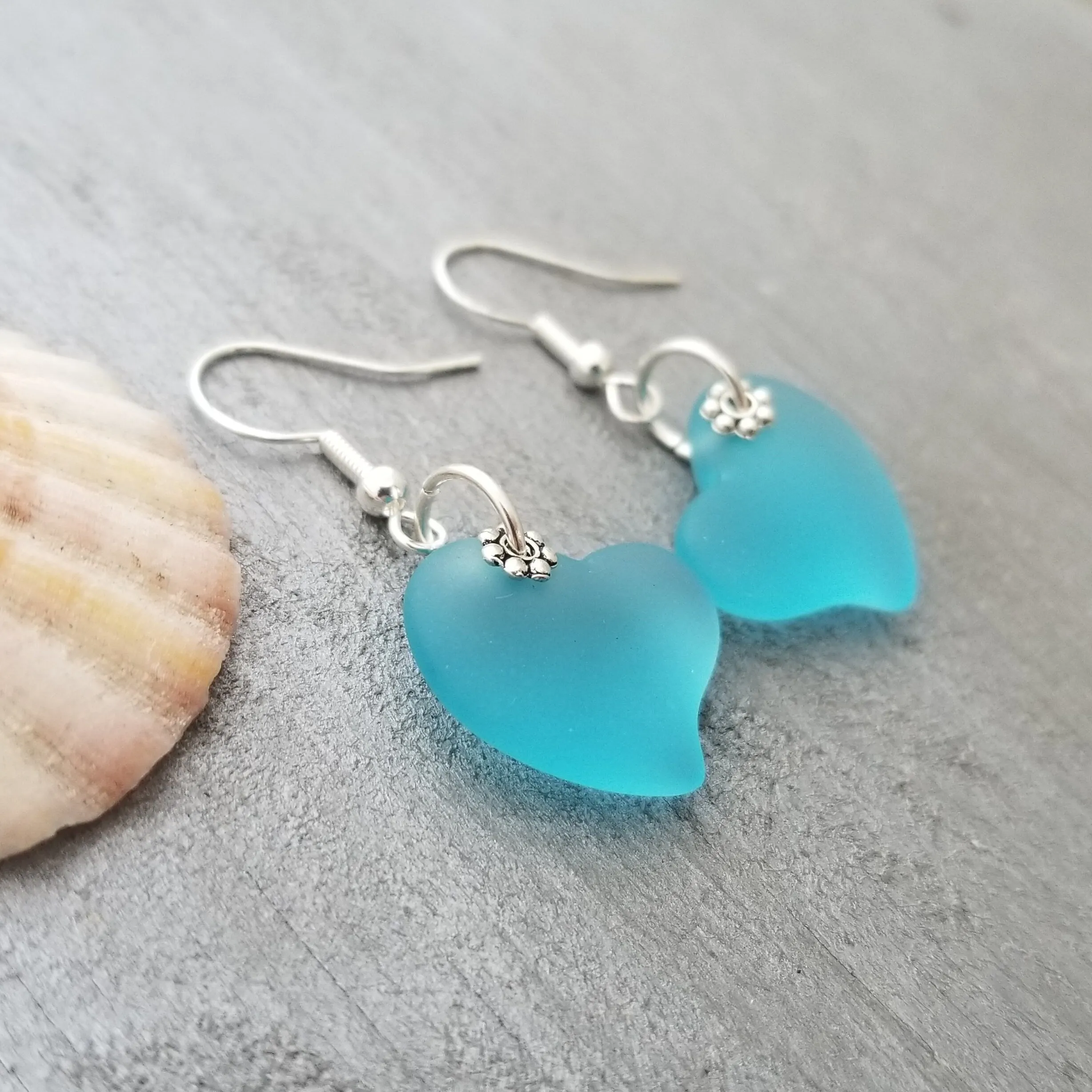 Handmade in Hawaii,  Turquoise Bay Blue "Twin Hearts"  "Heart of the Sea" sea glass earrings, "December Birthstone",
