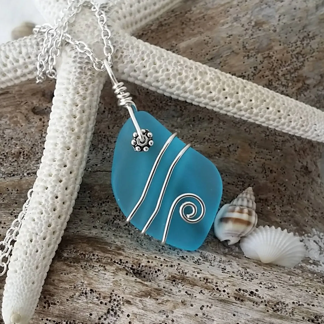 Handmade in Hawaii, Wire wrapped  blue sea glass necklace,   Hawaiian  jewelry.Sea glass jewelry.