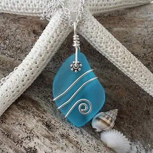 Handmade in Hawaii, Wire wrapped  blue sea glass necklace,   Hawaiian  jewelry.Sea glass jewelry.