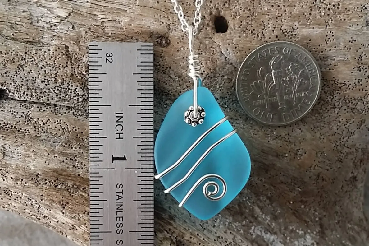Handmade in Hawaii, Wire wrapped  blue sea glass necklace,   Hawaiian  jewelry.Sea glass jewelry.