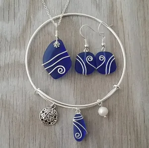 Handmade in Hawaii, Wire wrapped cobalt blue sea glass necklace   earrings   bracelet set, Sand dollar, "September Birthstone"