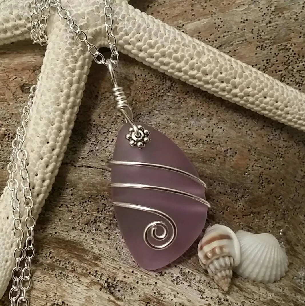 Handmade in Hawaii, wire wrapped  "Magical Color Changing" Purple sea glass beach necklace