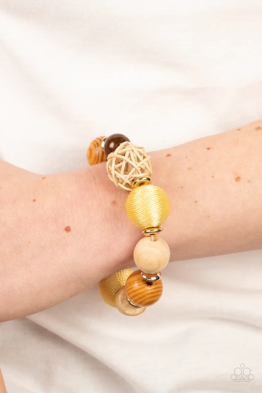 Happily Homespun - Yellow - Boho Wooden Paparazzi Stretchy Bracelet