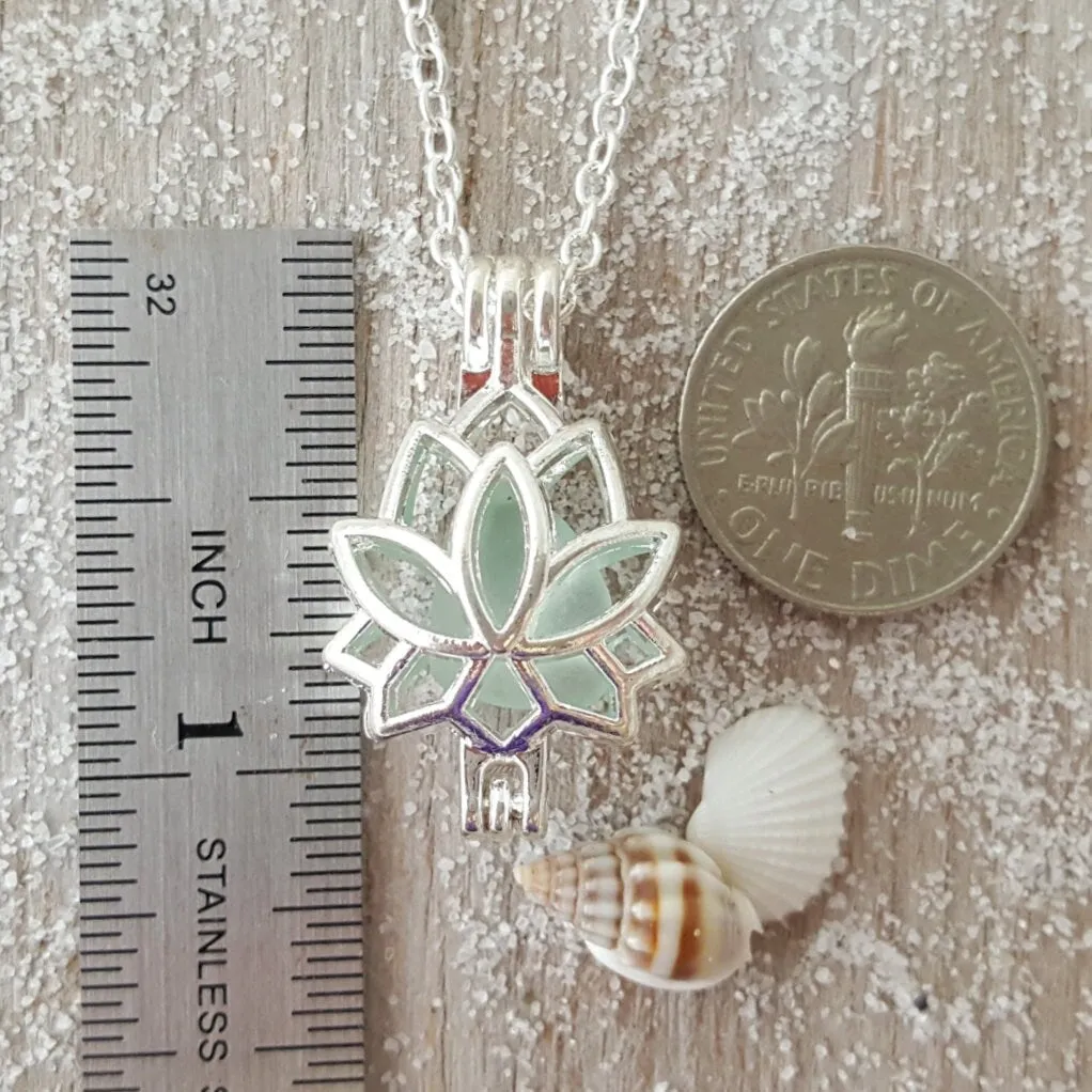 Hawaii "Yoga Jewelry" Lotus locket with a piece of natural sea glass necklace,