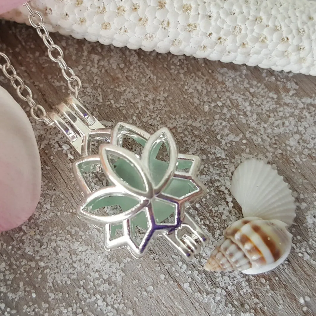 Hawaii "Yoga Jewelry" Lotus locket with a piece of natural sea glass necklace,