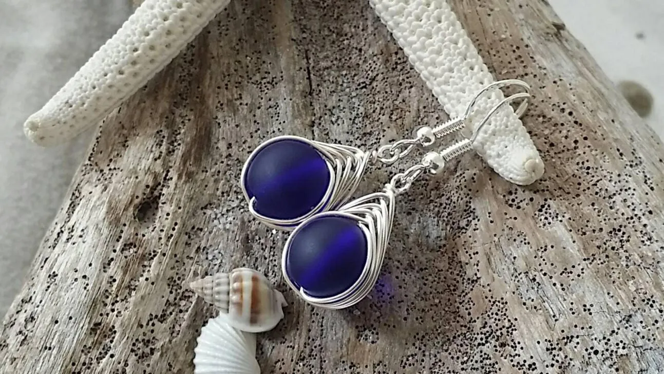 Hawaiian Jewelry Sea Glass Earrings, Braided Small Round Cobalt Blue Earrings Heart Earrings, Sea Glass Jewelry (September Birthstone Gift)