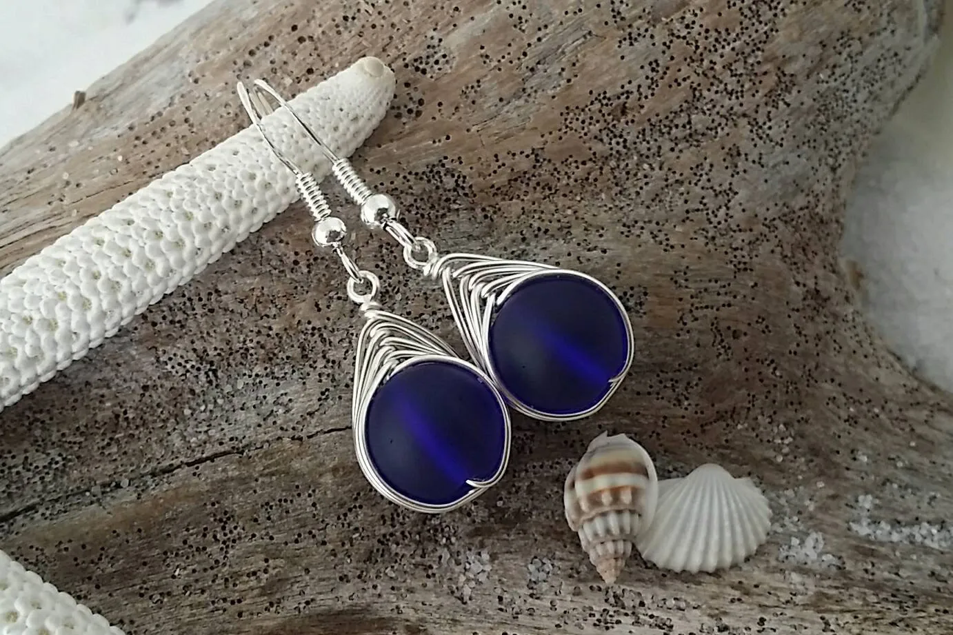 Hawaiian Jewelry Sea Glass Earrings, Braided Small Round Cobalt Blue Earrings Heart Earrings, Sea Glass Jewelry (September Birthstone Gift)