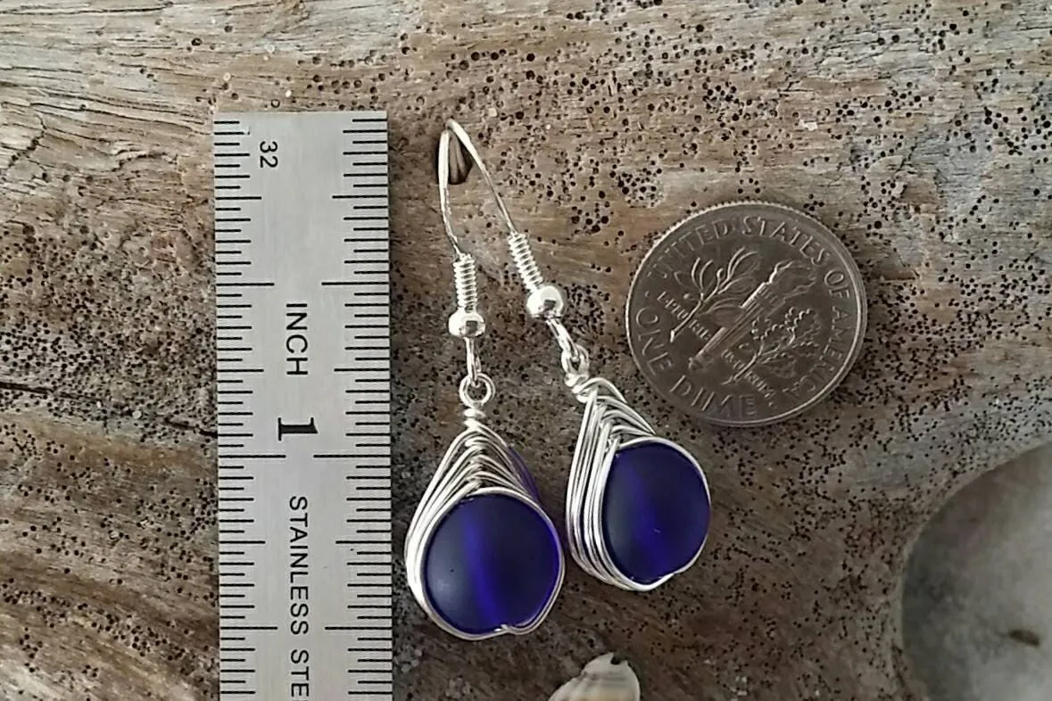 Hawaiian Jewelry Sea Glass Earrings, Braided Small Round Cobalt Blue Earrings Heart Earrings, Sea Glass Jewelry (September Birthstone Gift)