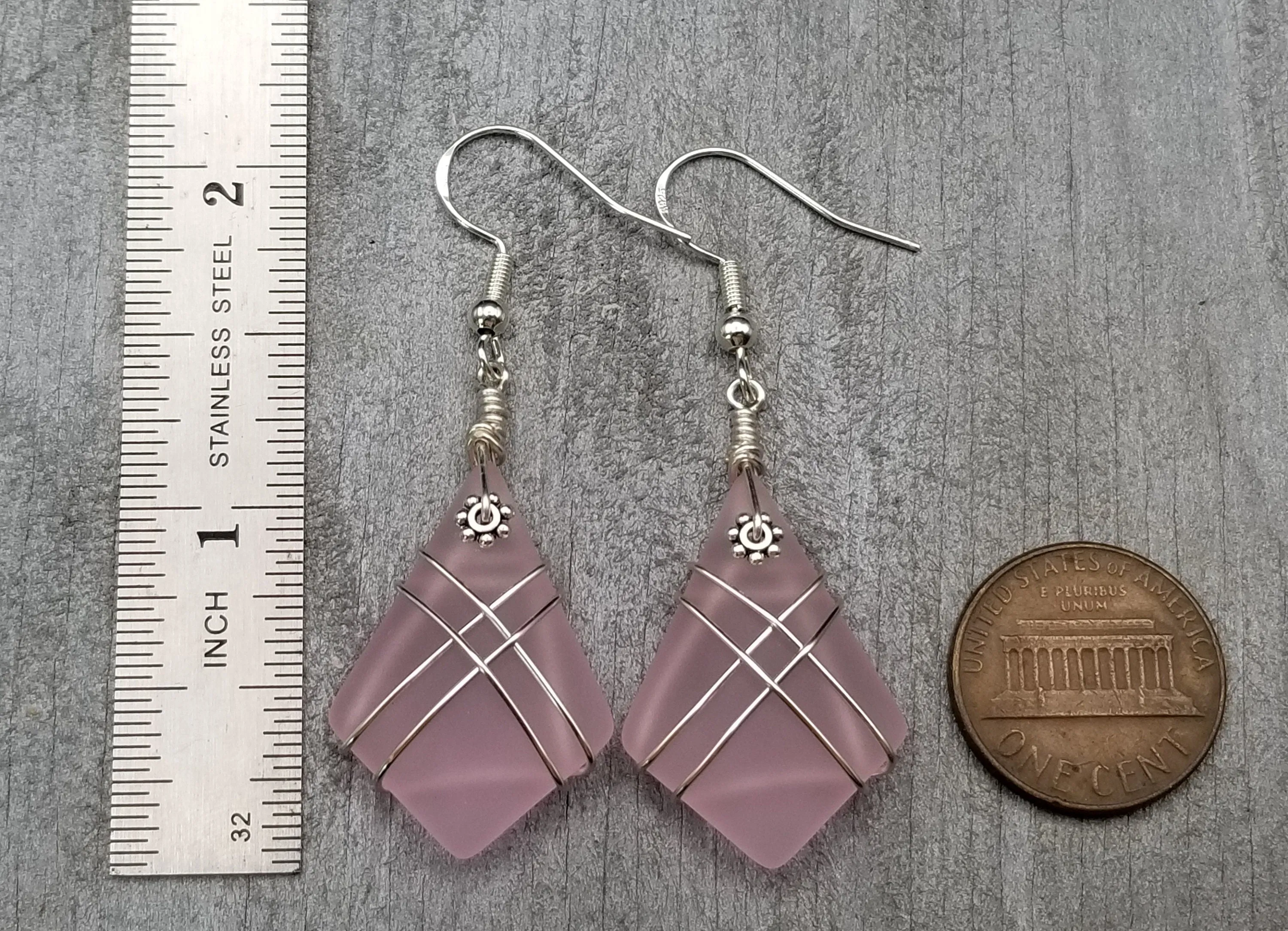 Hawaiian Jewelry Sea Glass Earrings, Wire Cross Pink Earrings, Beach Sea Glass Jewelry Unique Earrings (October Birthstone Jewelry Gift)