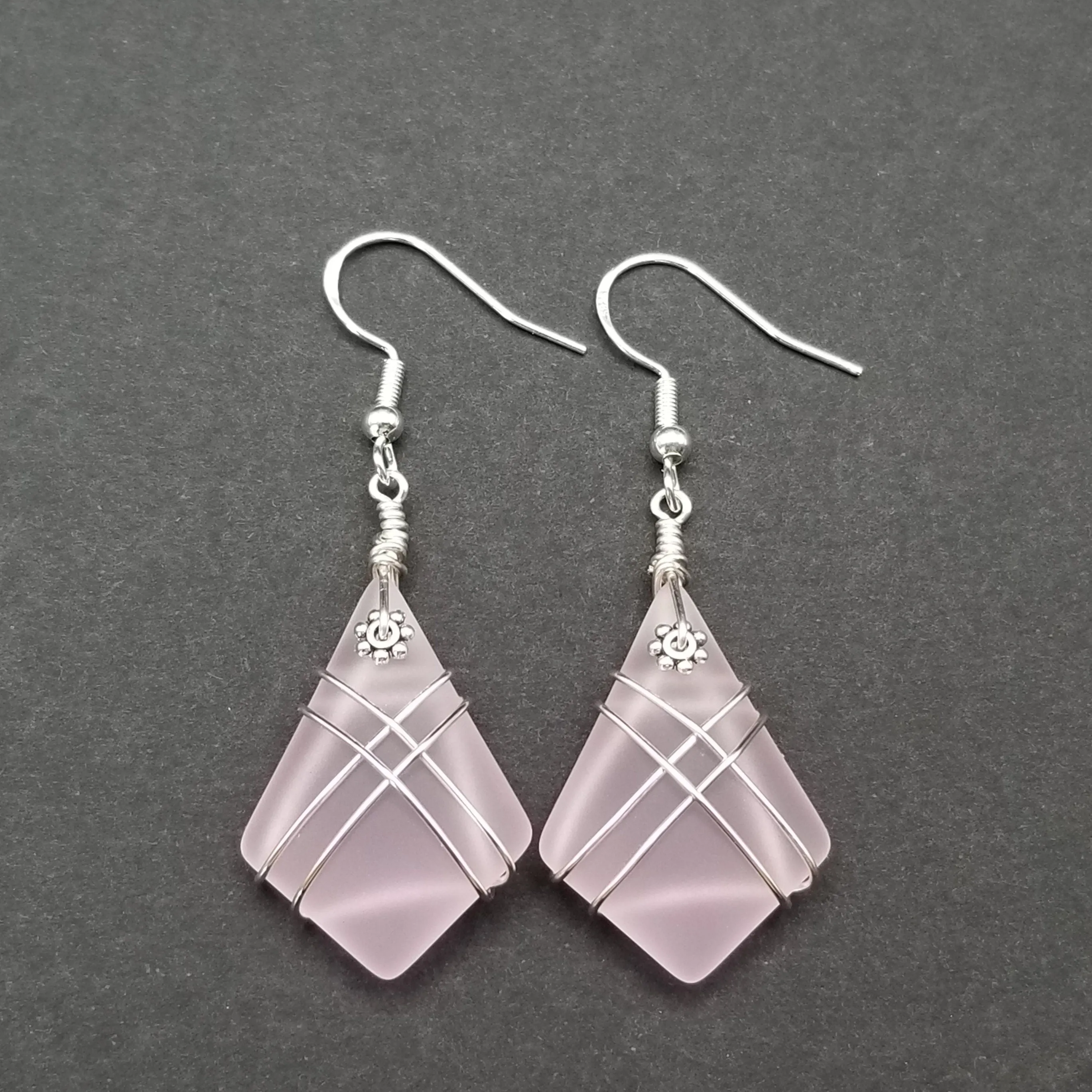 Hawaiian Jewelry Sea Glass Earrings, Wire Cross Pink Earrings, Beach Sea Glass Jewelry Unique Earrings (October Birthstone Jewelry Gift)